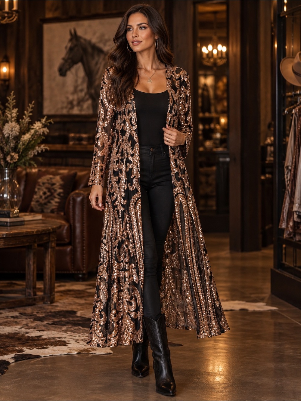 Southern Fried Chics Rose Gold Sequin Sheer Maxi Duster Kimono M